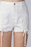 Lace Up Frayed Denim Shorts, White