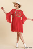 Floral Embroidered Keyhole Dress, Red