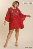 Floral Embroidered Keyhole Dress, Red