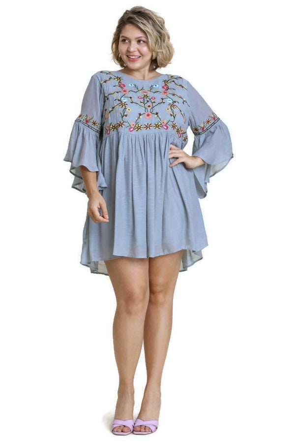 umgee usa floral embroidered bell sleeve keyhole dress