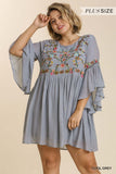Floral Embroidered Keyhole Dress, Grey