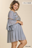 Floral Embroidered Keyhole Dress, Grey