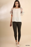 Floral Embroidered Layered & Ruffled Sleeve Top, Natural