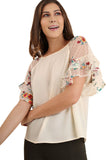Floral Embroidered Layered & Ruffled Sleeve Top, Natural