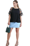 Floral Embroidered Layered & Ruffled Sleeve Top, Black