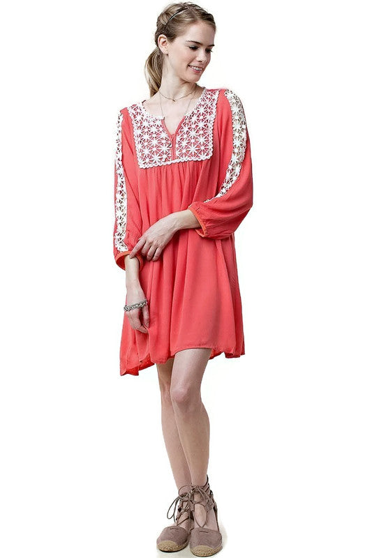 Lace Peasant Dress, Coral