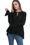 Ruffled Sleeve Keyhole Top, Black
