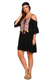 Cold Shoulder Embroidered Tassel Dress
