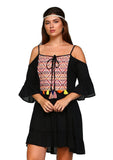 Cold Shoulder Embroidered Tassel Dress