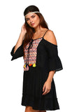 Cold Shoulder Embroidered Tassel Dress