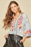 South Beach Embroidered Leopard Top, Sage Grey