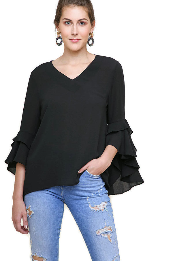 Layered Ruffle High Low Sleeve Blouse, Black