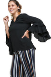 Layered Ruffle High Low Sleeve Blouse, Black