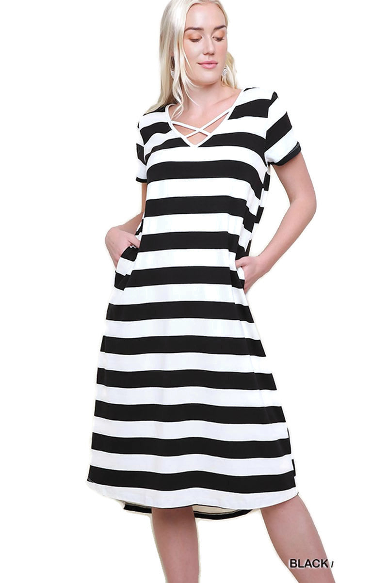 Striped T-Shirt Midi Dress, Black / White Violet Skye Boutique Striped T-Shirt Midi Dress, Black / White Violet Skye Boutique