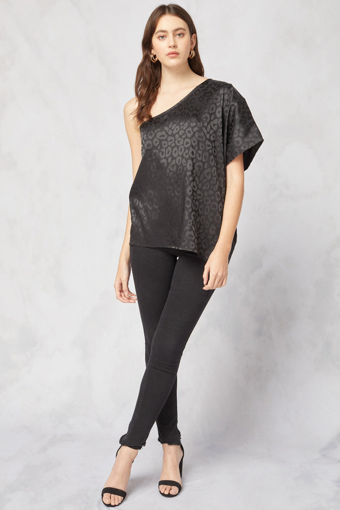 One Shoulder Leopard Top, Black