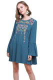 Floral Embroidered Bell Sleeve Mini Dress, Teal