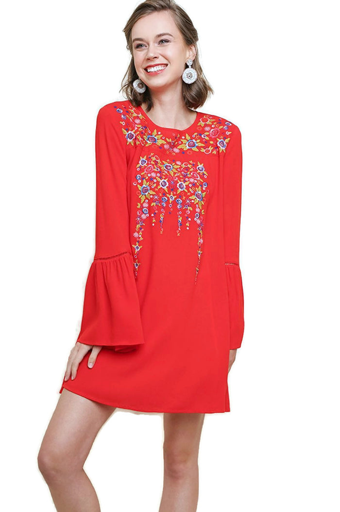Floral Embroidered Bell Sleeve Mini Dress, Chili
