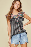 Flutter Sleeve Striped & Embroidered Top