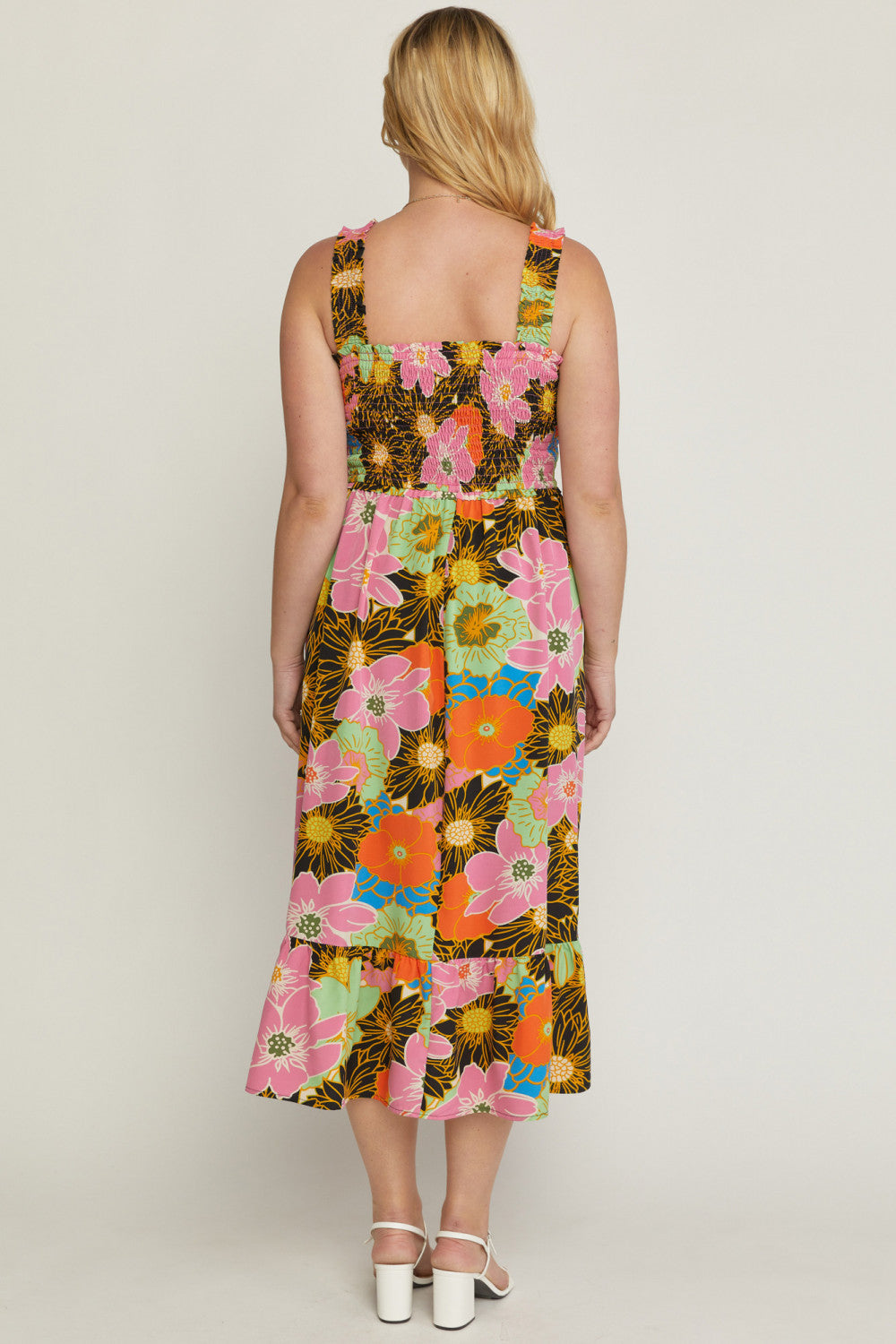 Floral Smocked Midi Dresses - Entro Floral Smocked Midi Dresses - Entro