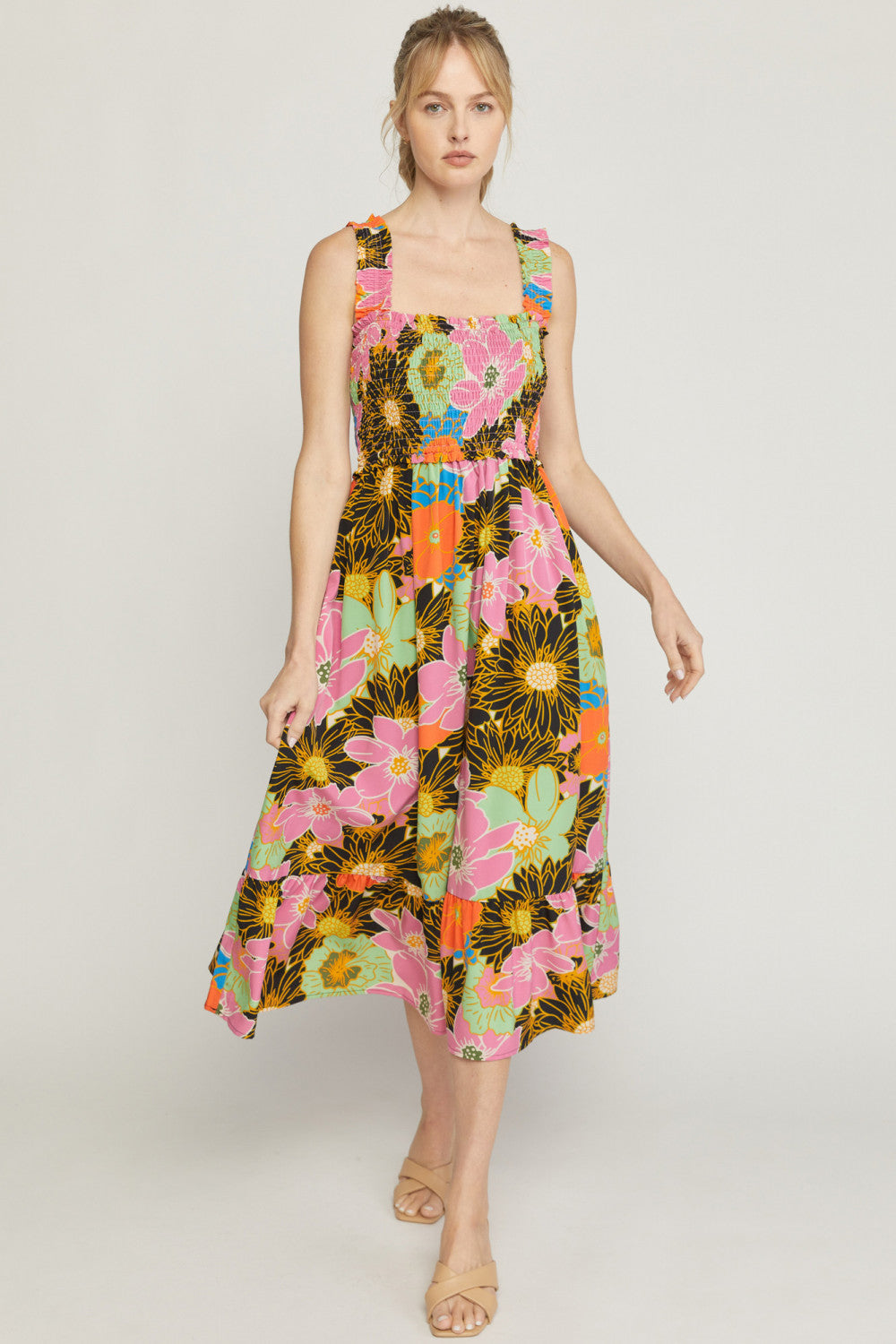 entro floral midi dress Floral Print Tiered Midi Dress- Women's Pink Spring Dresses- Entro Floral Midi Dress Juliana's Boutique