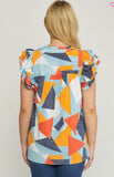 Geometric Ruffle Sleeve Top, Blue