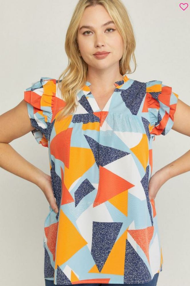 Geometric Ruffle Sleeve Top, Blue