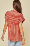 Striped Babydoll Embroidered Top, Rust
