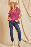 Striped Babydoll Embroidered Top, Magenta