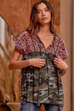 Camo Babydoll Embroidered Top