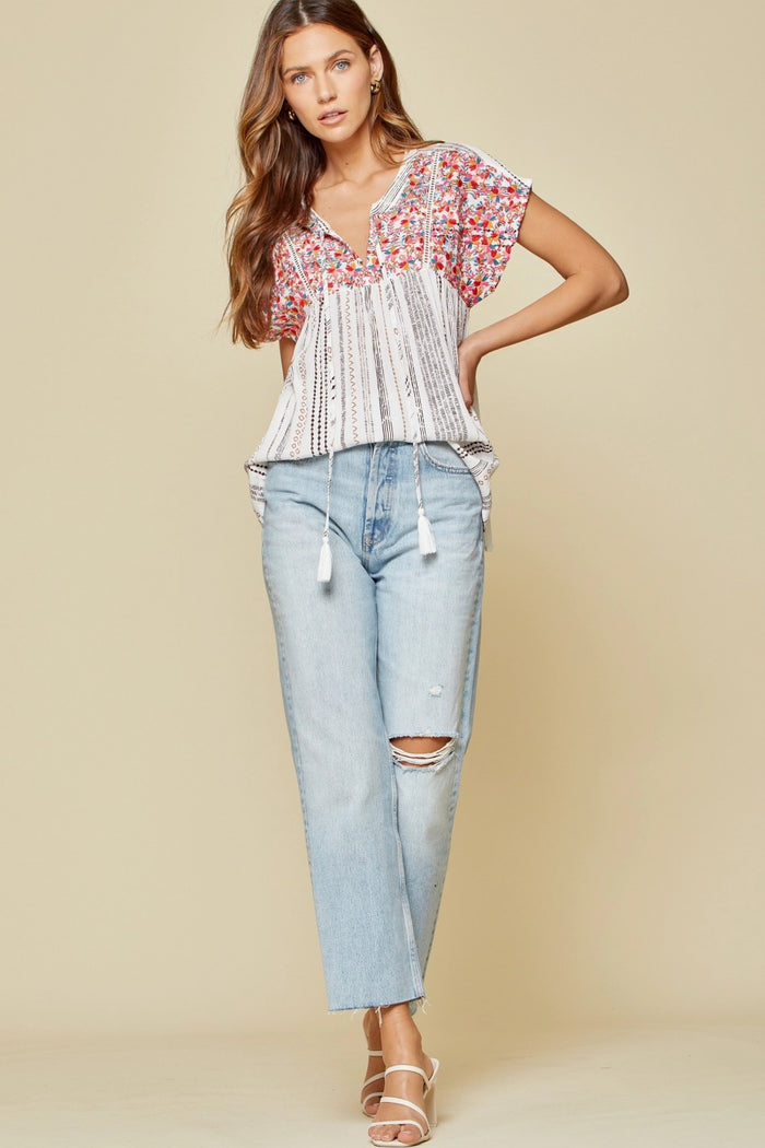 Striped Babydoll Embroidered Top andree by unit / savanna jane
