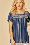 Babydoll Embroidered Top, Navy