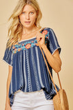 Babydoll Embroidered Top, Navy