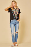 Short Sleeve Embroidered Top, Black