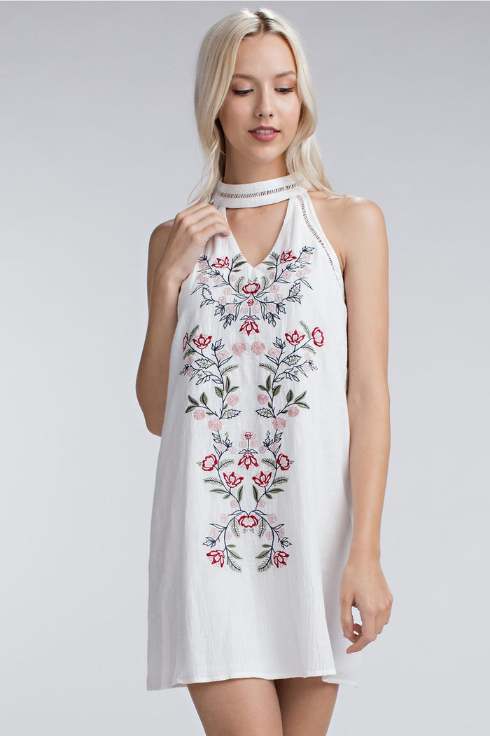 Embroidered Halter Mini Dress, Ivory