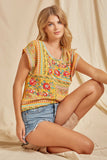 Embroidered Cap Sleeve Top, Marigold