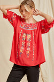 Embroidered Peasant Top, Red