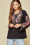 Tie Front Embroidered Blouse, Black