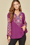 Tie Front Embroidered Blouse, Magenta