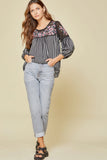 Floral Embroidered & Striped Top