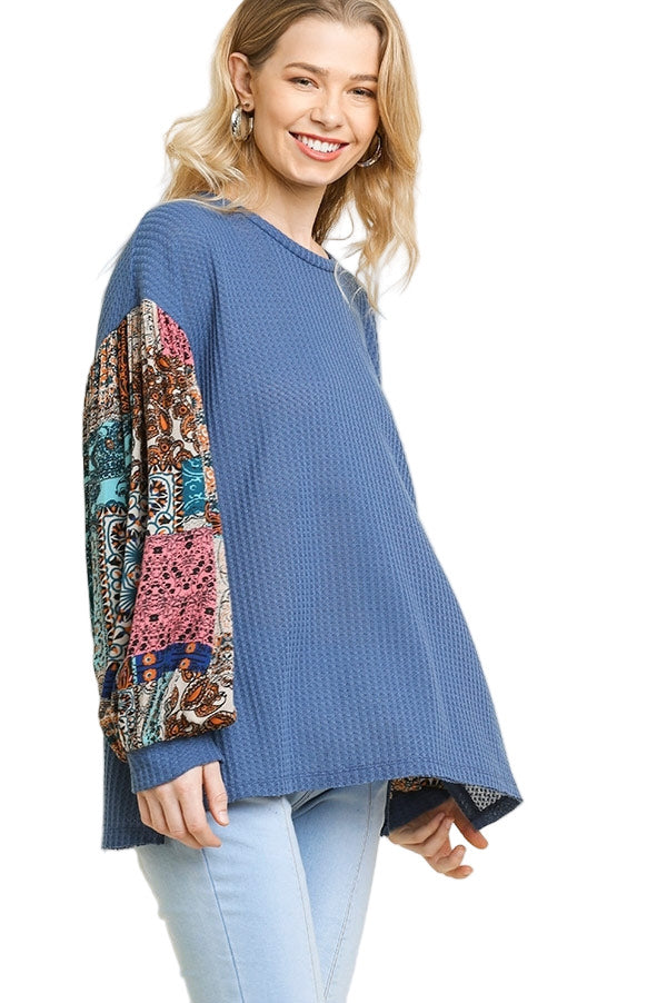 Paisley Print Waffle Knit Top, Blue