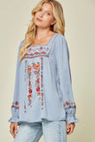 Embroidered Babydoll Top, Blue