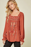 Embroidered Babydoll Top, Rust