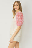 3D Floral Puff Sleeve Top, Natural