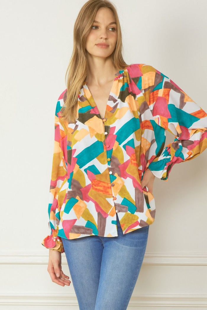 entro USA Abstract Button Down Blouse