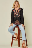Ruffle Detail Embroidered Blouse, Black