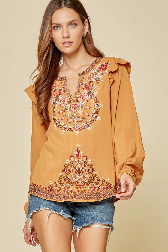 andree by unit / savanna jane RUFFLE DETAIL  Embroidered Top