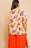 Floral Ruffle Sleeve Blouse,  Yellow