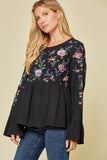 Embroidered Babydoll Top, Black