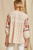 Floral Embroidered Babydoll Top, Cream Camel