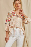 Floral Embroidered Babydoll Top, Cream Camel